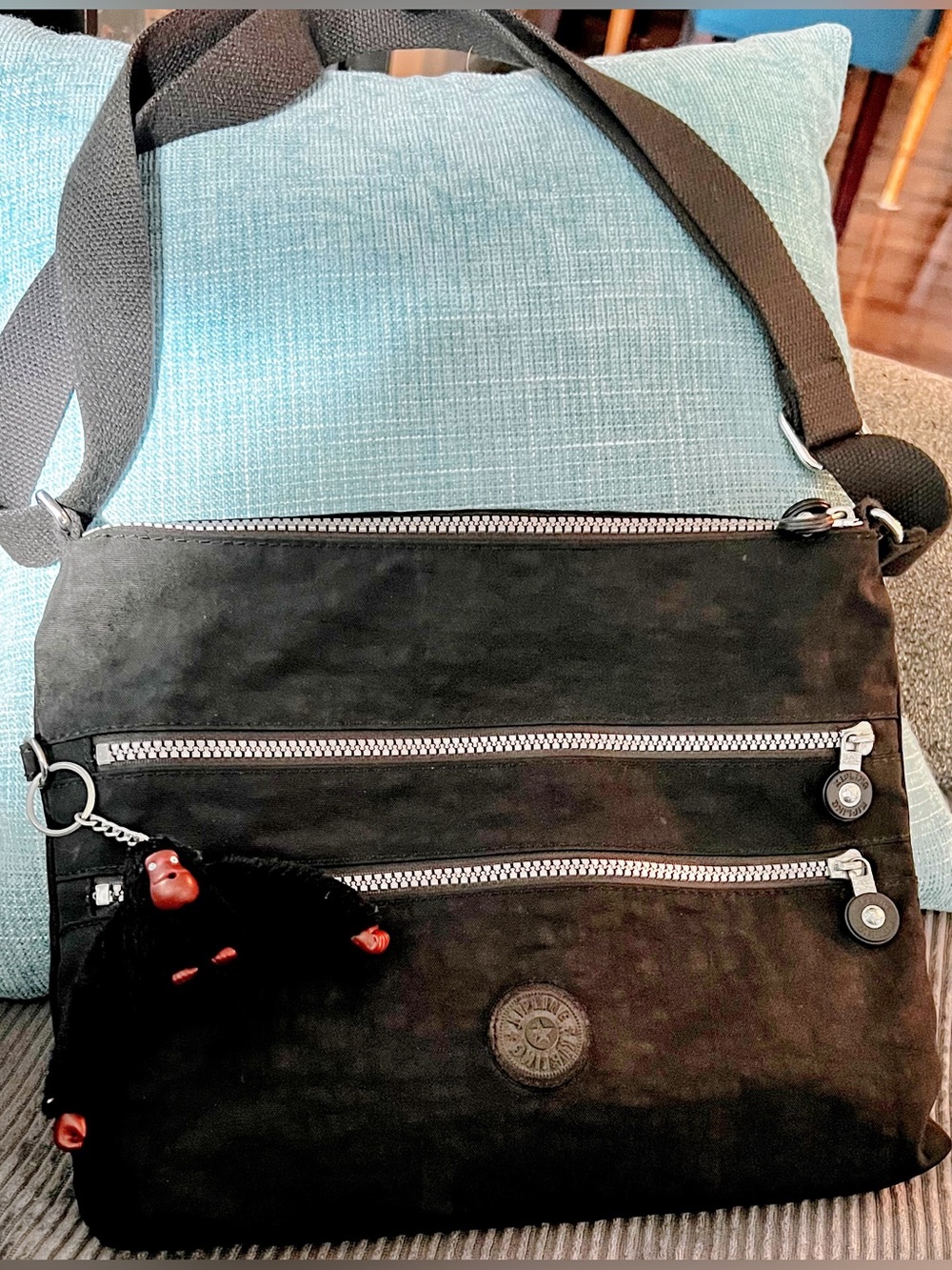 Kipling Black Nylon Crossbody Bag with Monkey Charm - Silver Zippers